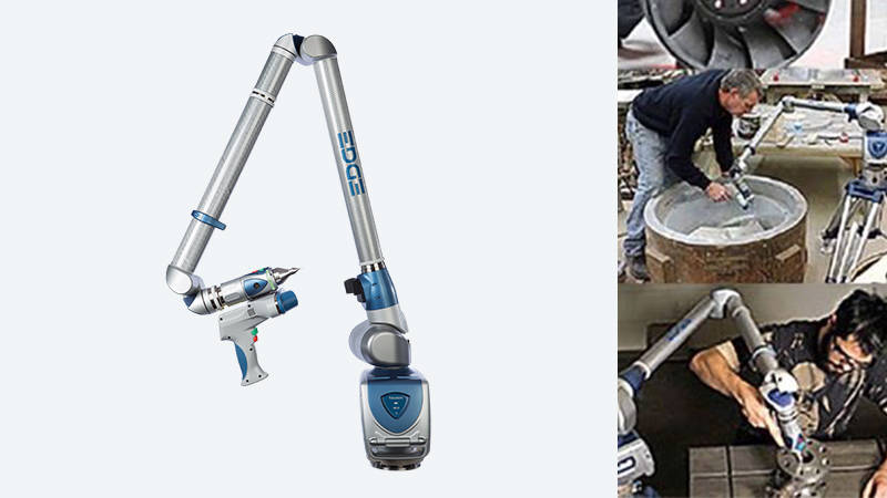 A photo montage of a FARO 3D laser scanner and workers using it to scan casting machines and molds