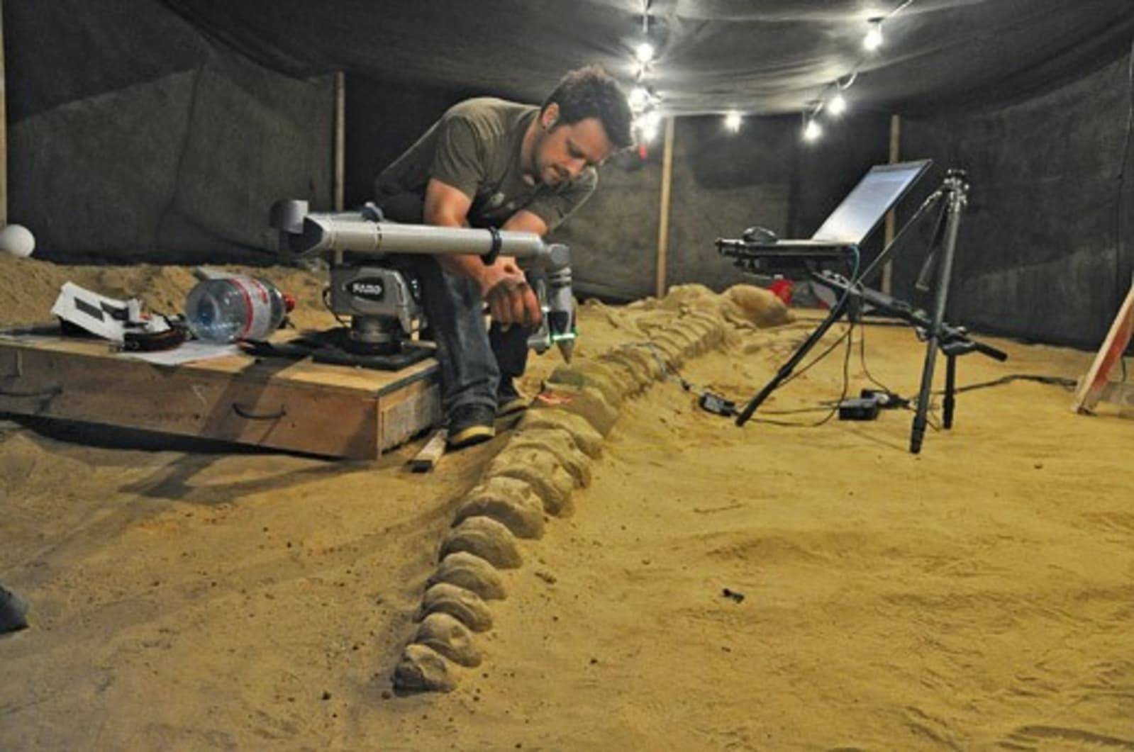Vince Rossi uses a FARO laser arm scanner to capture a whale skeleton for research.