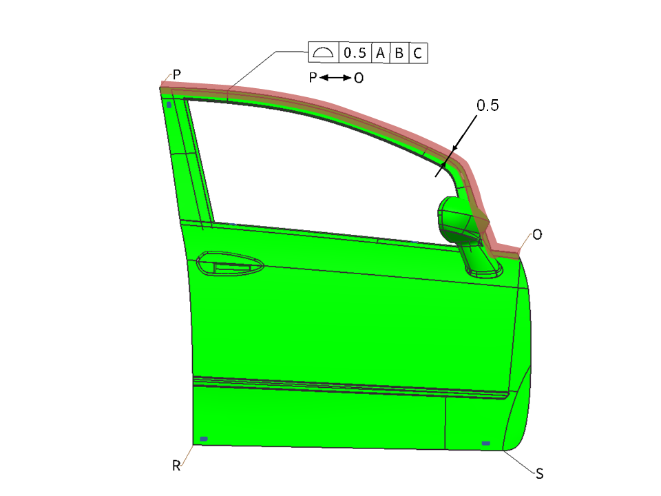 Surface profile tolerance zone between points P and O