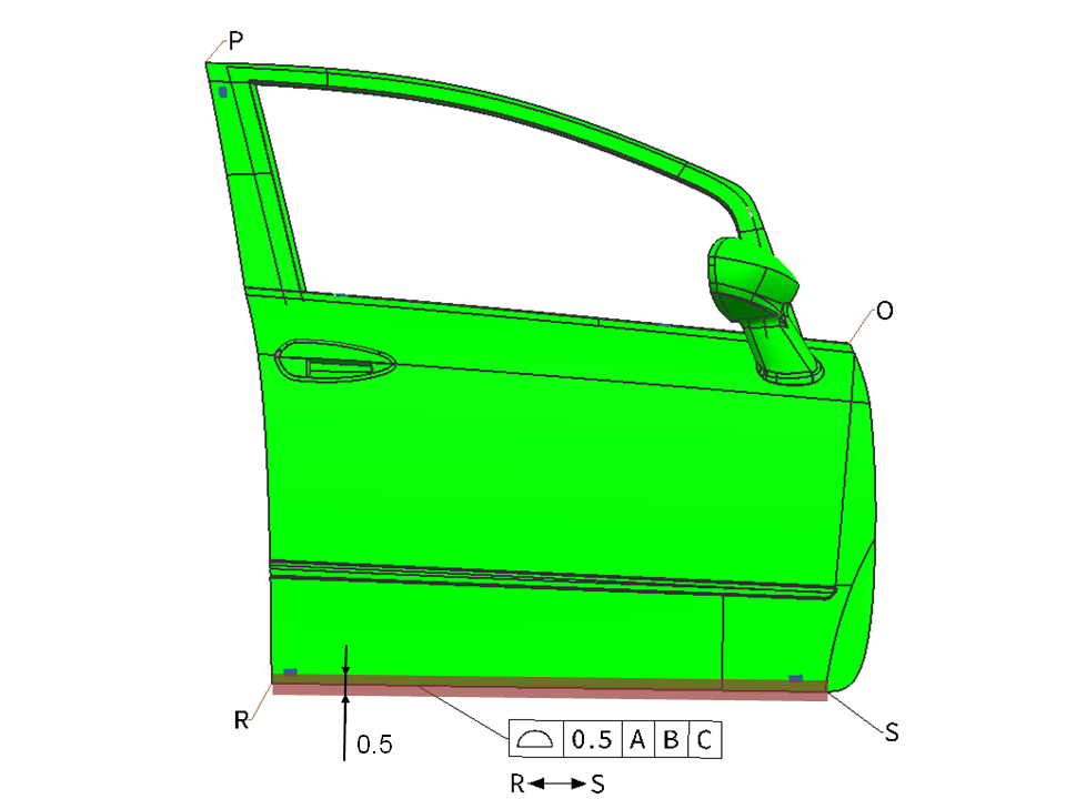 Surface profile tolerance zone between points R and S