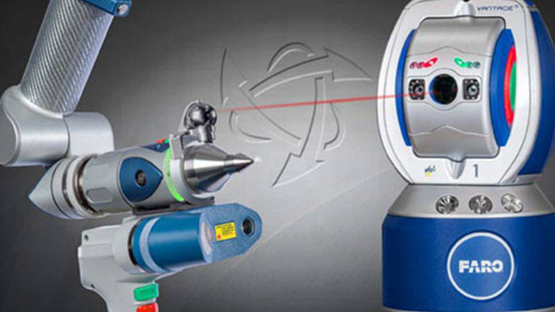 A FARO Vantage Laser Tracker working with a FARO ScanArm for 3D scanning