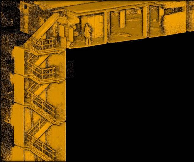 Point cloud depiction of a derelict building strairwell