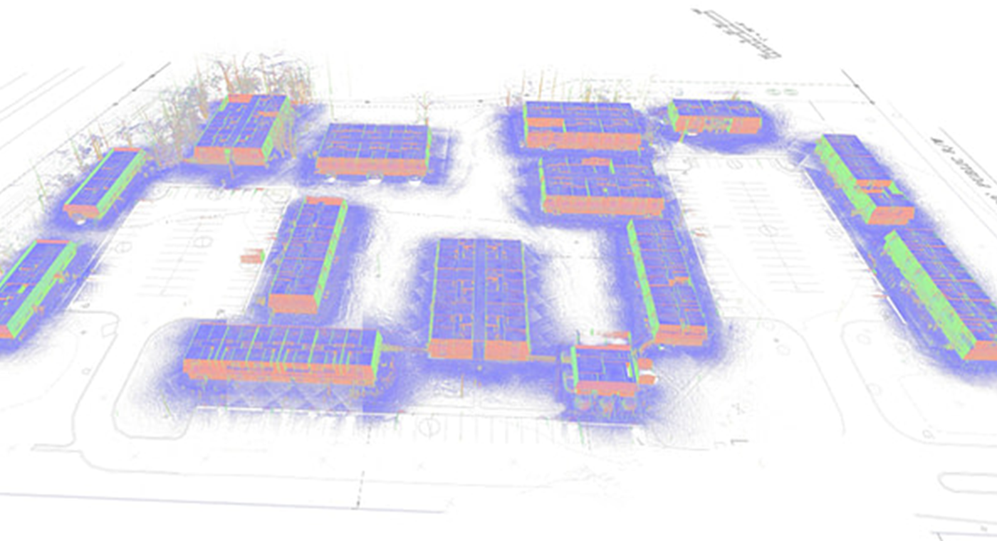 Point cloud data viewing various apartment complexes externally