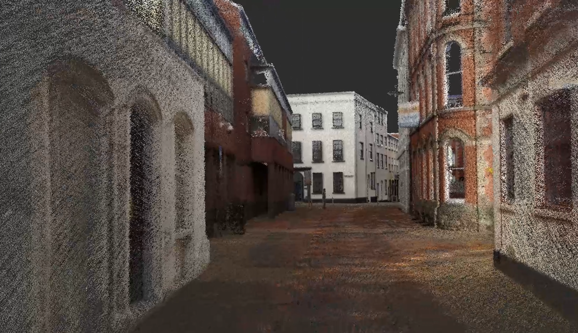 Colorized point cloud data showing an urban street