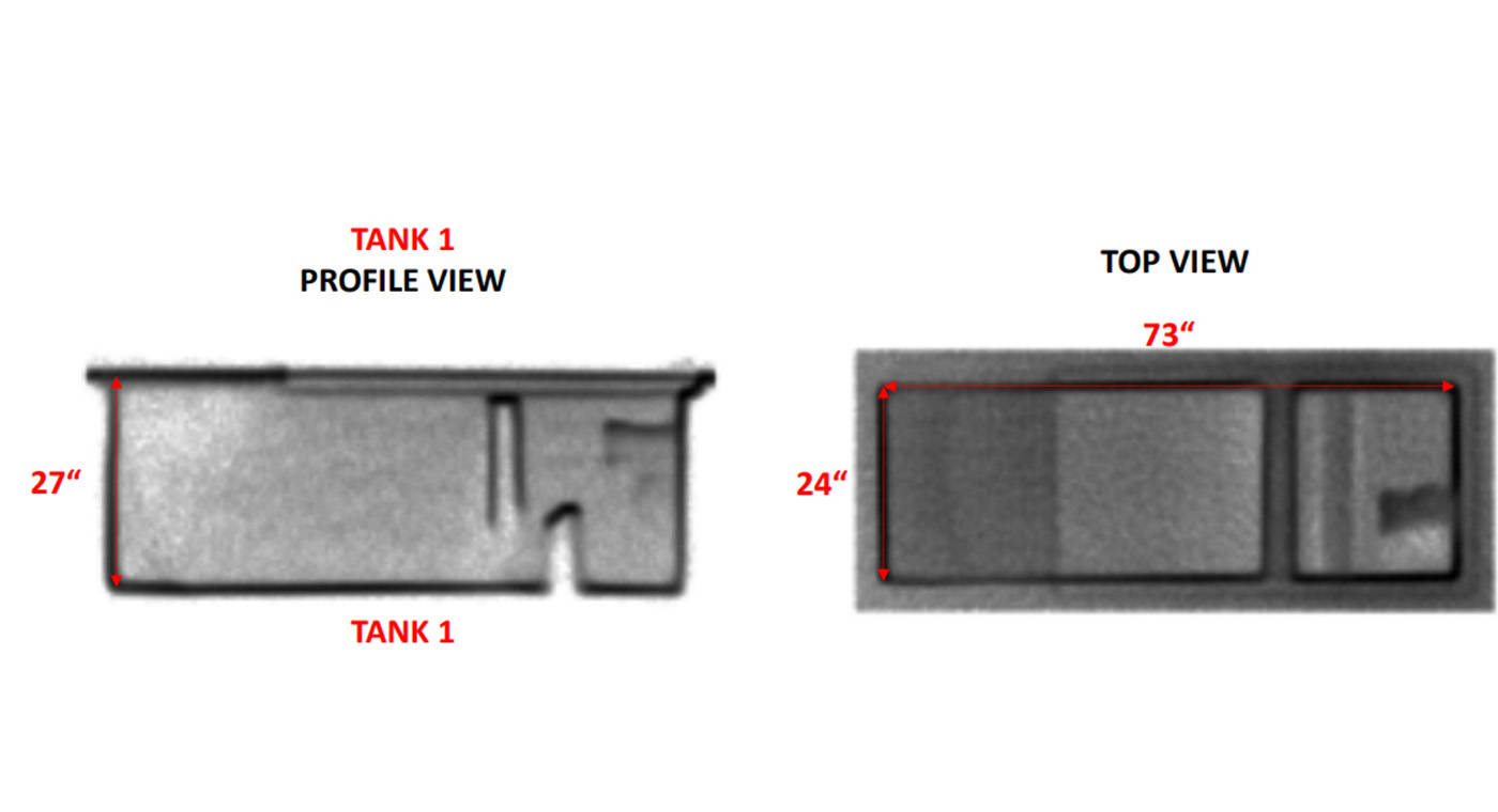 CAD drawing and measurements of an oil tank