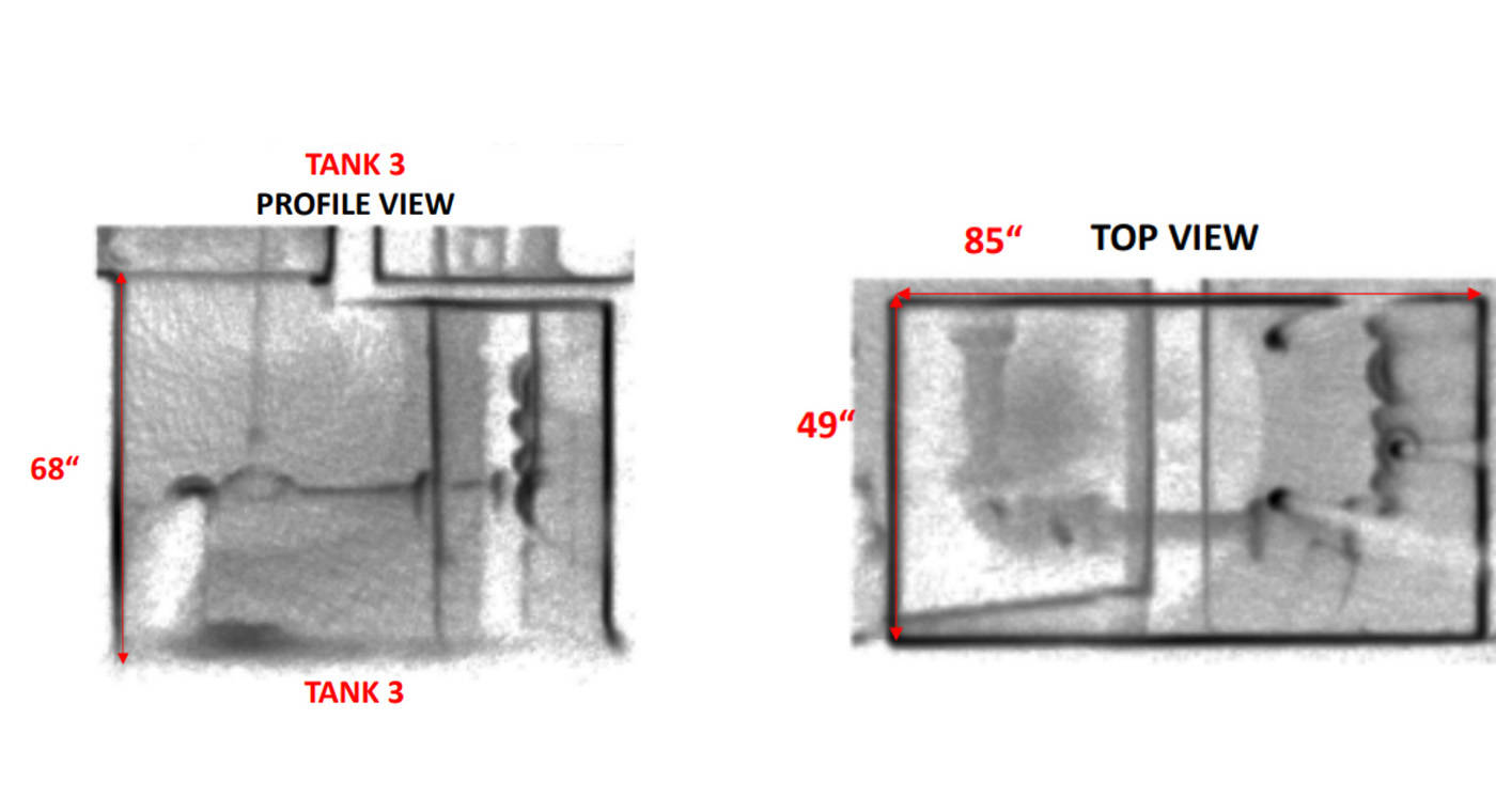 CAD drawing and measurements of an oil tank