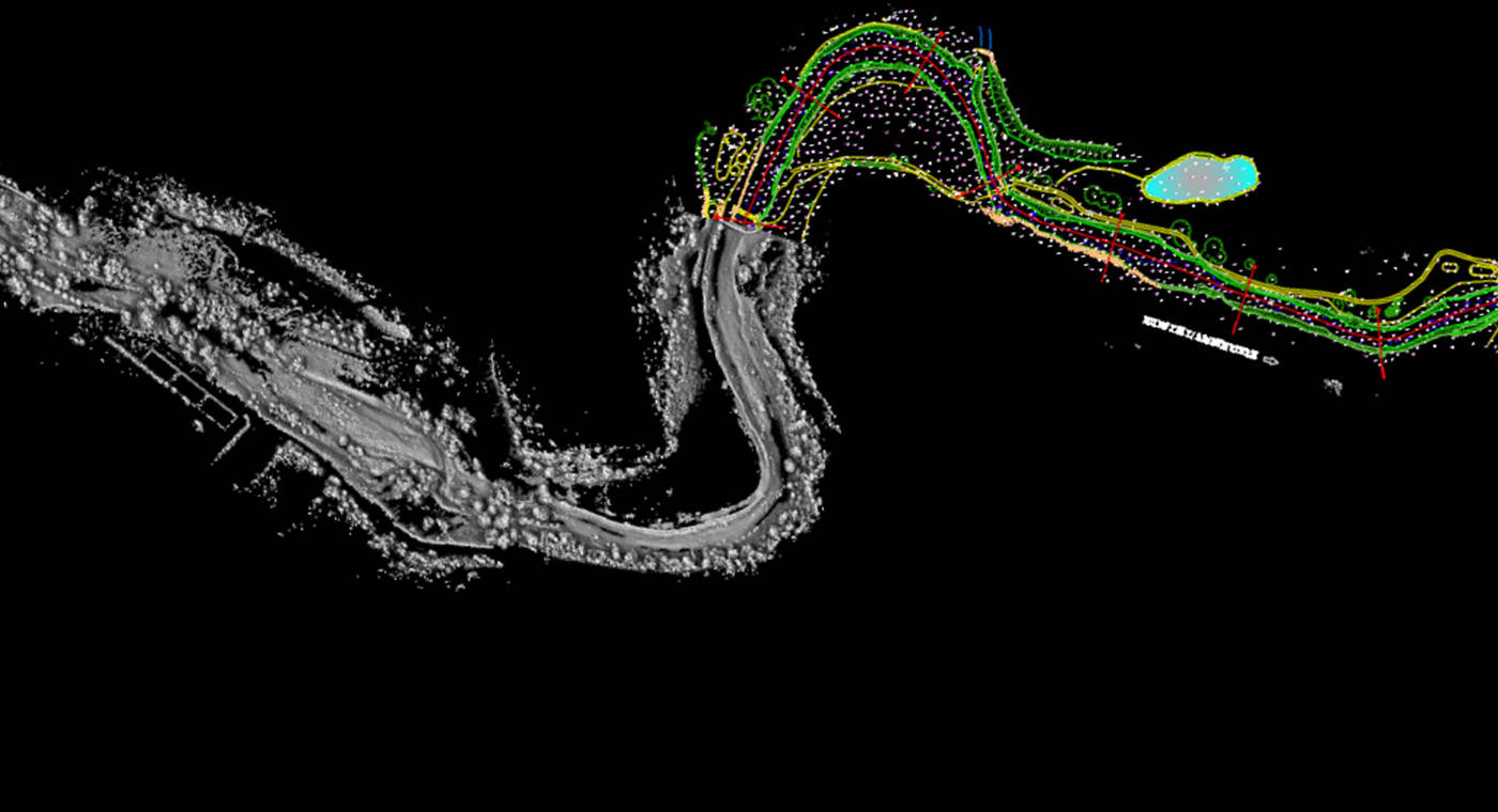 Point cloud data highlighting a road from above