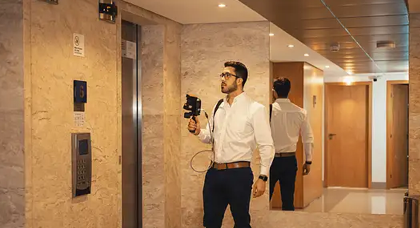 Man scanning a lobby with an elevator using a mobile LiDAR scanner