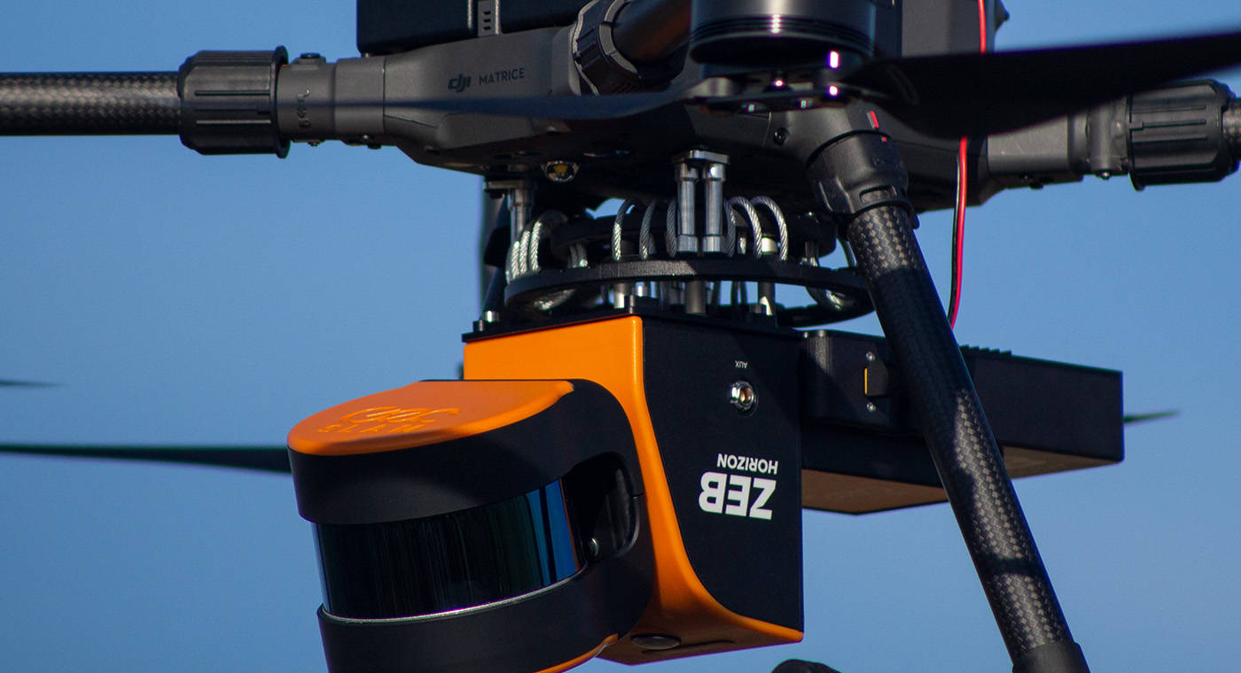 Close up on a drone mount with LiDAR in flight